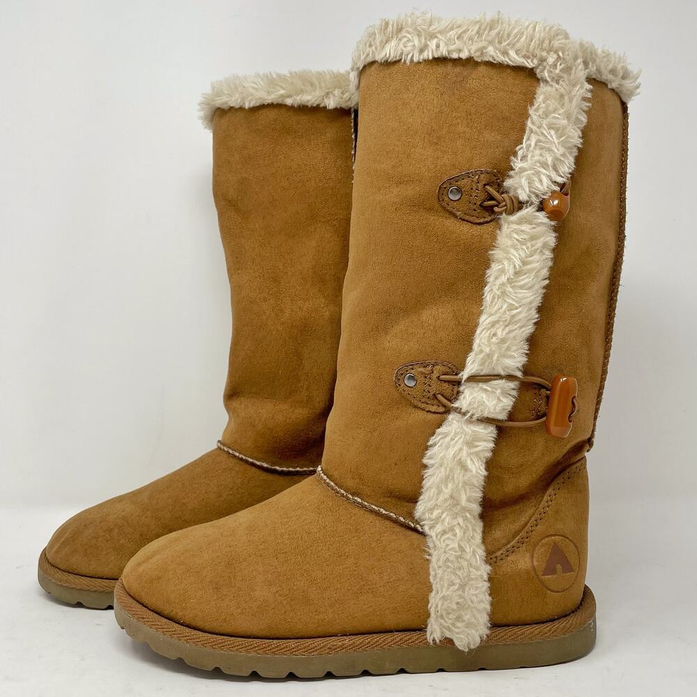 Airwalk Brown Fleece Toggle Boots Girls Size 1 Faux Suede Winter Faux Fleece